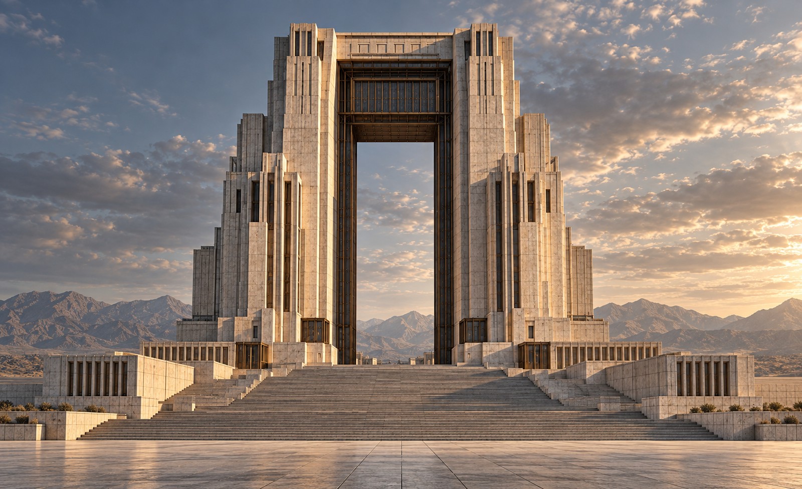 An original monumental Art Deco stone portal with recessed bronze engineering and a broad stepped forecourt.